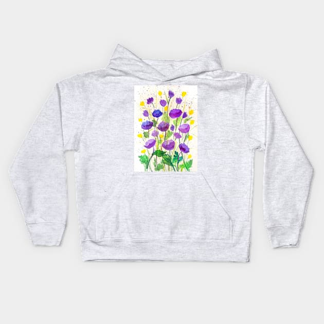 Purple poppies watercolor painting Kids Hoodie by redwitchart